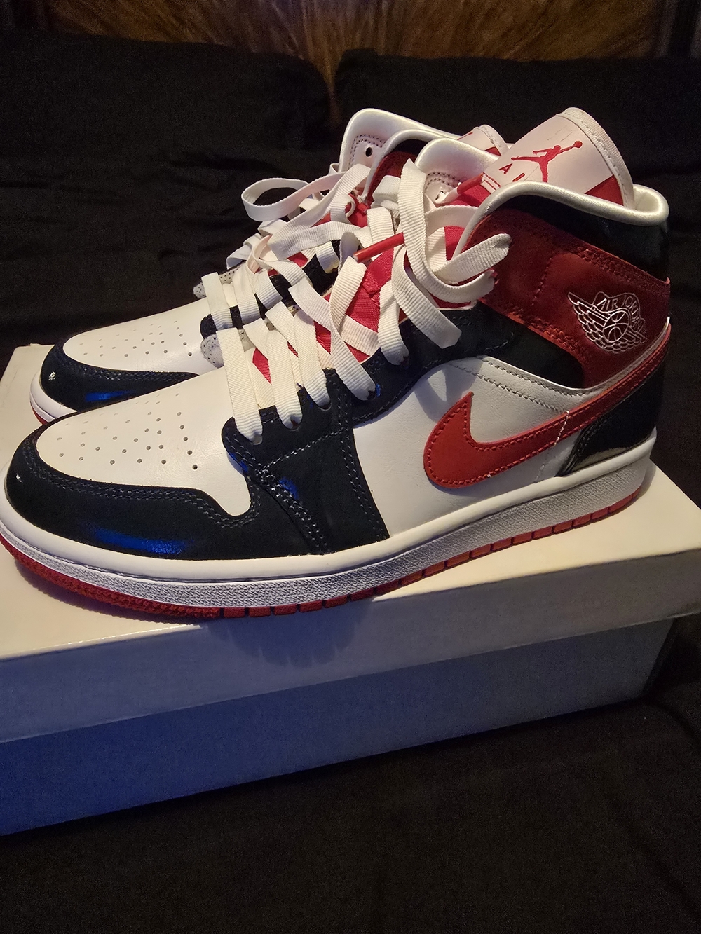Air Jordan 1 Mid White Navy Blue Red Patent Leather Sneakers